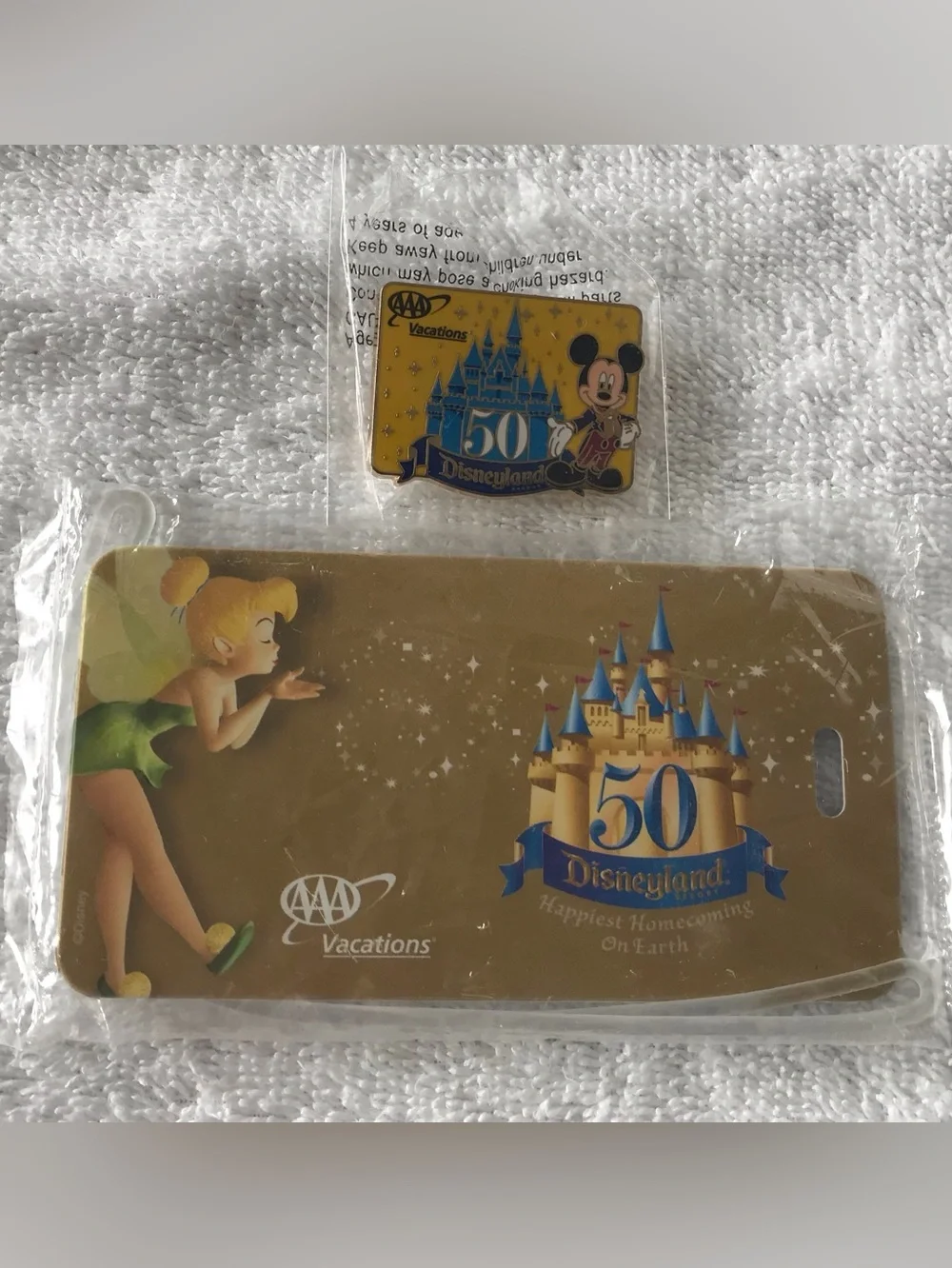 New Set Disneyland Tinker Bell 50th Anniversary Luggage Tag & Mickey Mouse Pin
